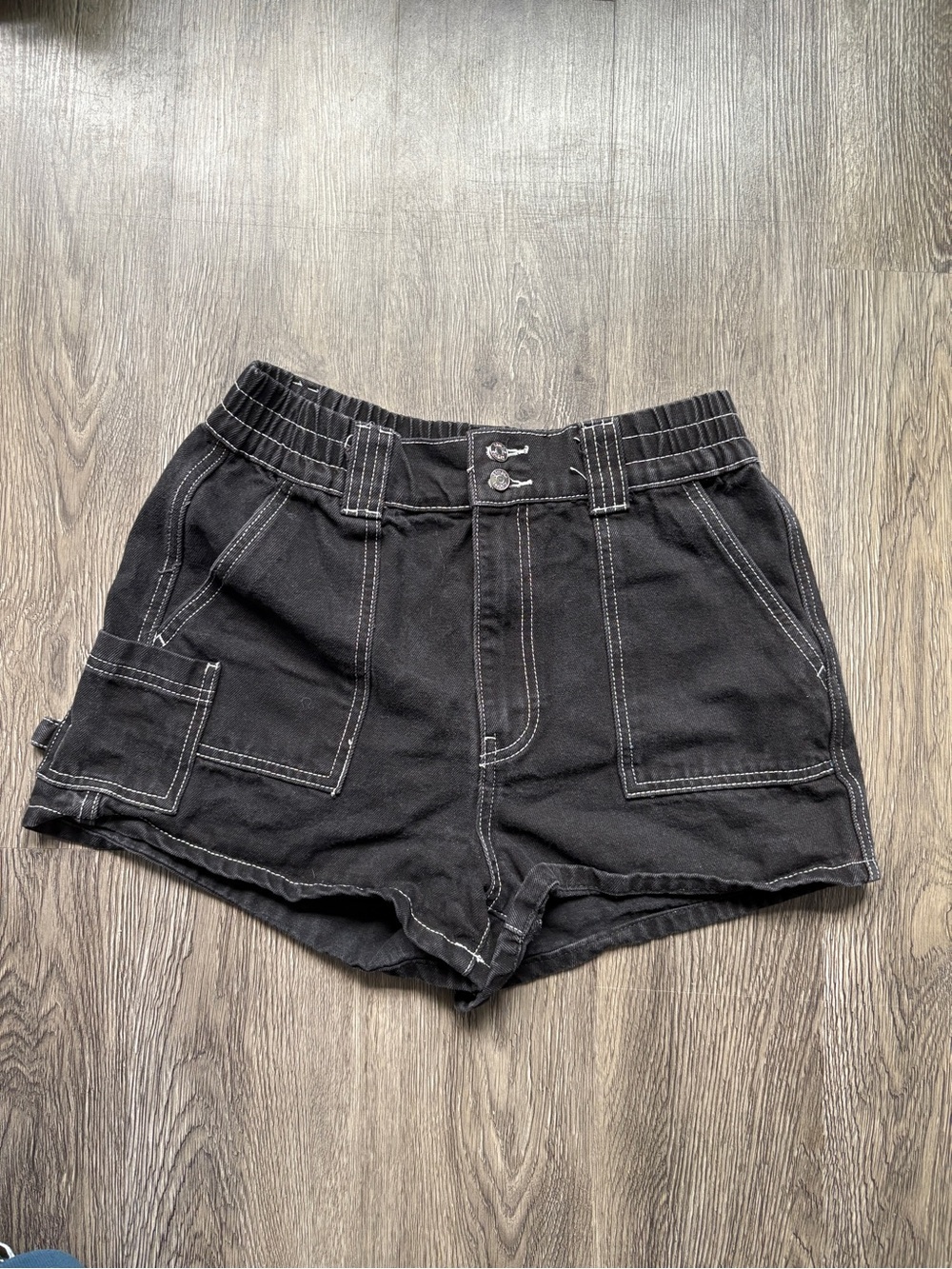 Black Denim Shorts with White Stitching | Simple Society